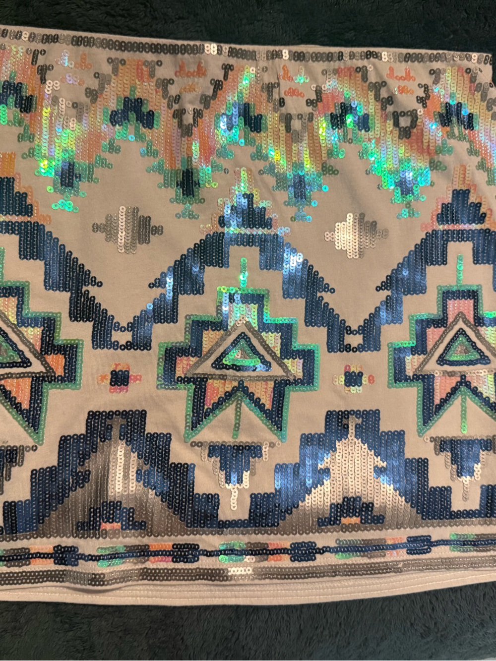 Express Beige Mini Skirt with Navy, Teal & Pink Sequin Aztec Pattern
